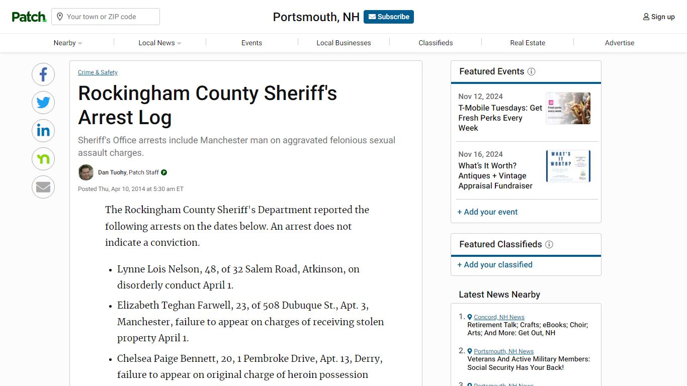 Rockingham County Sheriff's Arrest Log | Portsmouth, NH Patch